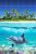 Tropical dolphin bathroom tile mural with coral reef and palm island